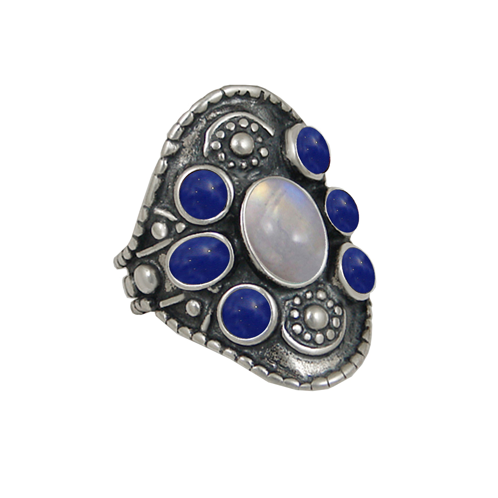 Sterling Silver High Queen's Ring With Rainbow Moonstone And Lapis Lazuli Size 6